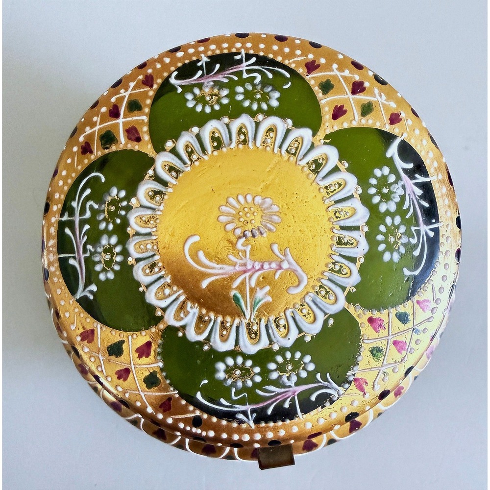 Antique‎ Moser Style Bohemian Vanity Powder Jar Jewelry Trinket Box Enamel Gilt